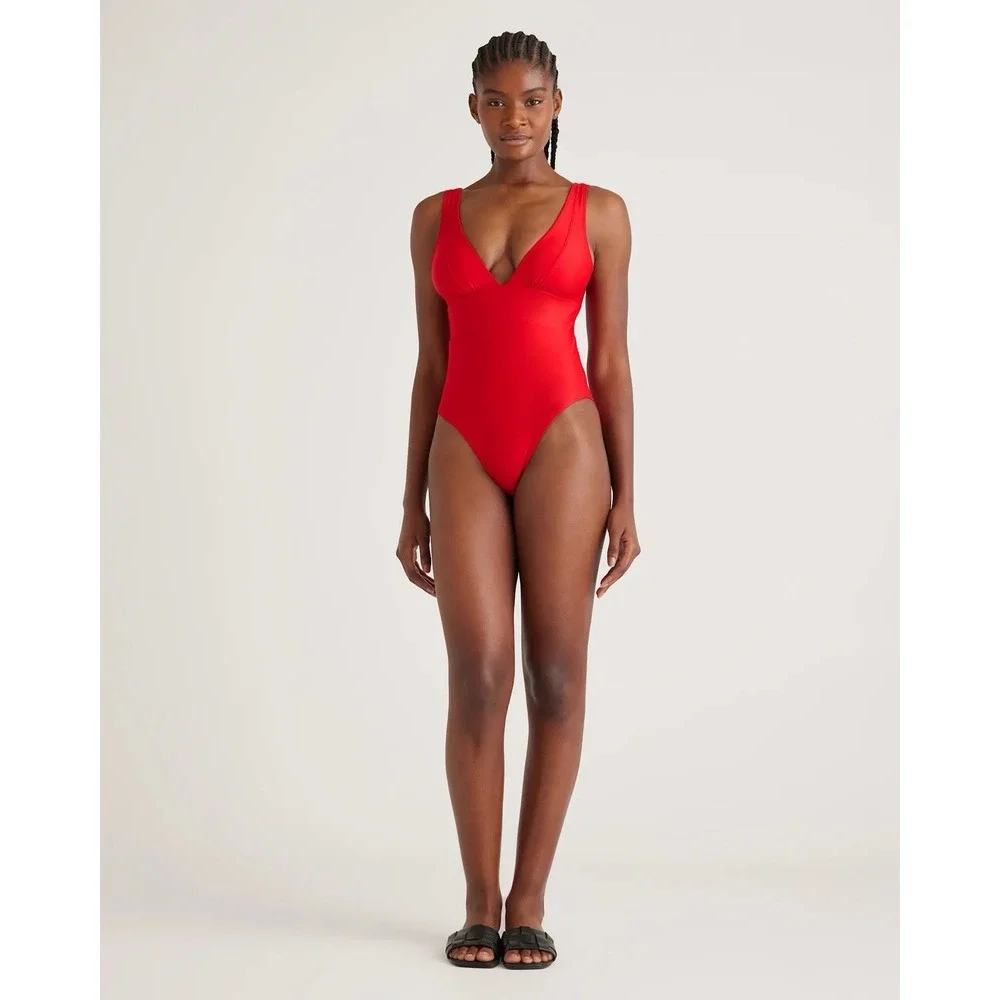 NWT Quince Cherry Red Italian Plunge One-Piece Swimsuit Size Large